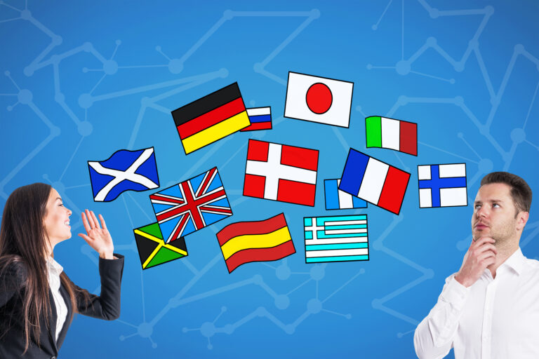 Attractive young european business woman and man talking to each other on blue background with abstract colorful flag drawings. Travel, translation and language learning concept