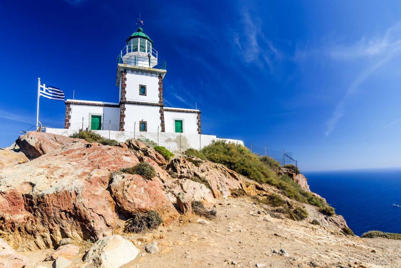 Akrotiri Lighthouse At The Southern Tip Of Santorini Island
