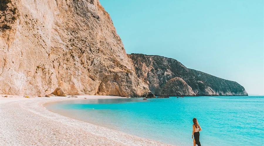 Porto Katsiki beach on Lefkada Island with turquoise water and white limestone cliffs
