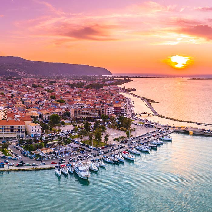Sunset over the port of Lefkada Town in the Ionian Sea