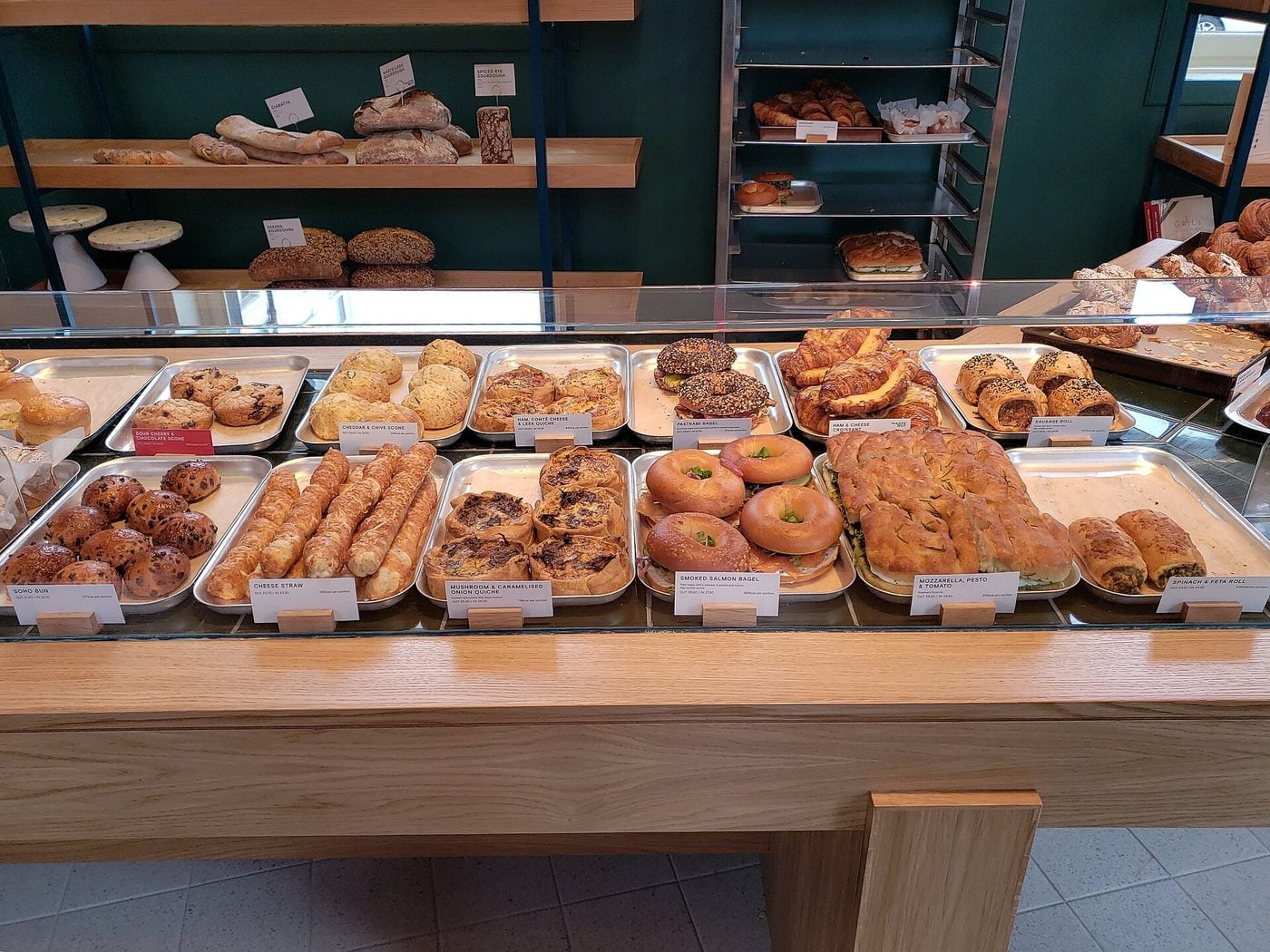 Pastries on display at a bakery counter