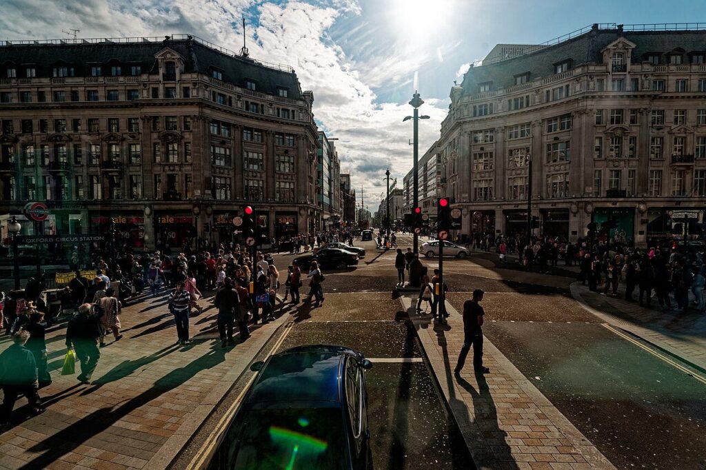Greeks in London: Oxford Street seen from Oxford Circus, now a car free street
