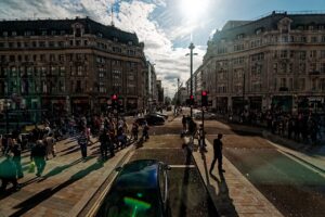 Greeks in London: Oxford Street seen from Oxford Circus, now a car free street