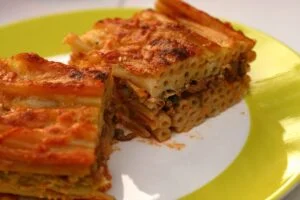 Greek pasta in London: a tray of pastitsio with bechamel and mince, the classic Greek baked pasta